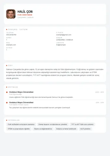 Fizik Öğretmeni CV Örnekleri cv indir